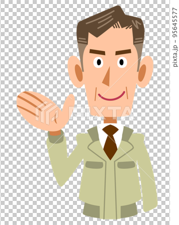 右手で案内する作業着を着た年配男性の上半身 95645577