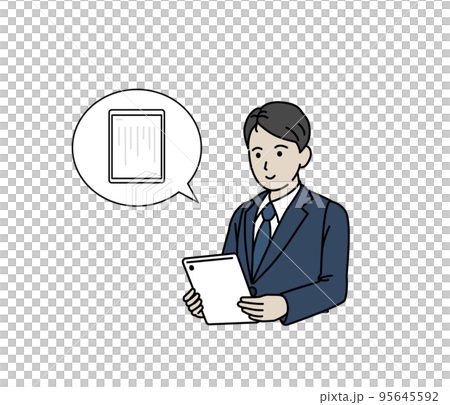 仕事の合間にタブレットで電子書籍を読む男性会社員のイラスト 95645592