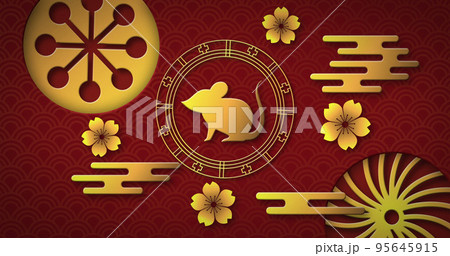 Image of chinese symbolic with mouse, flowers and shapes on red scallop background 95645915