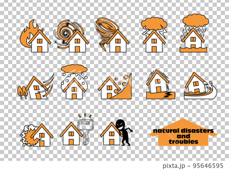 Natural disaster housing damage and trouble icon set 95646595