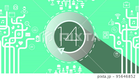 Illustration of number 14 in circle with loading arrow and application icons with lines Illustration of number 14 in circle with loading arrow and application icons with lines 95646852