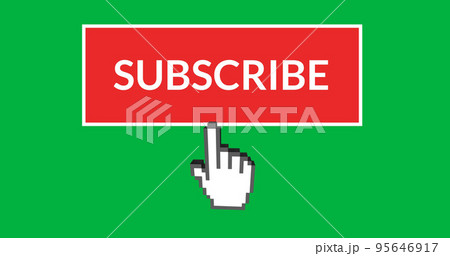 Illustration of finger pointing towards subscribe text in red and white box on green background 95646917