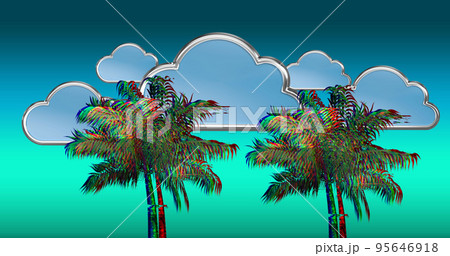 Illustration of distorted palm trees and clouds against blue gradient background, copy space 95646918