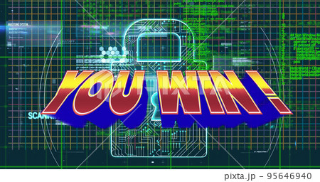 Illustration of you win text over padlock and programming language on grid pattern 95646940