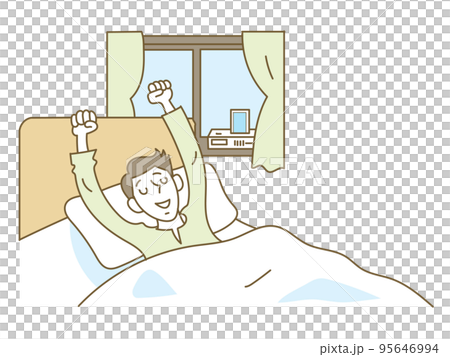 Young man waking up in bed at home 95646994