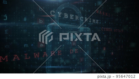 Illustration of padlock with multiple words, letters and numbers over abstract background 95647012