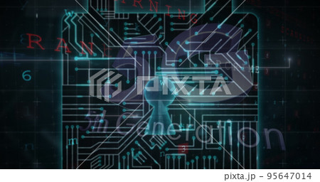 Illustration of 5g, 5th generation text, circuit board patterned padlock against digits and letters 95647014