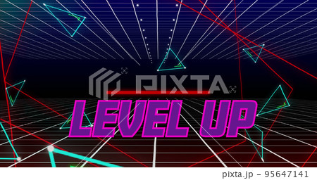 Illustration of level up text with geometric shapes and grid pattern against gradient background 95647141