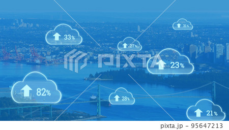 Composite of numbers with up arrow and percentage signs in clouds over aerial view of cityscape 95647213