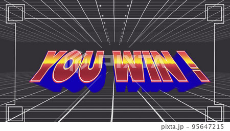 Illustration of multicolored you win text in view finder and grid pattern over gray background 95647215