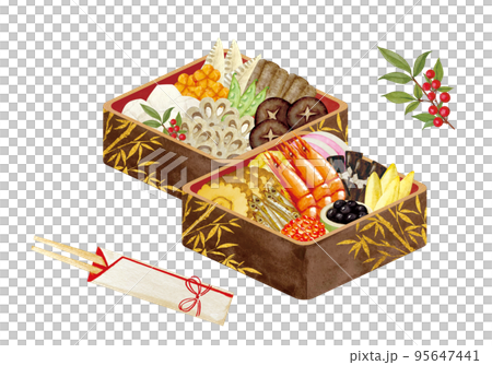 New Year dishes in a multi-tiered box painted in watercolor 95647441