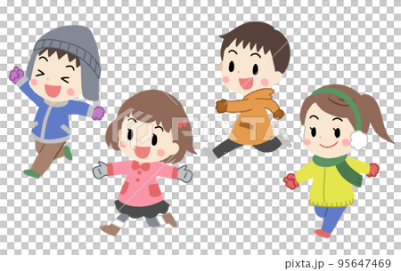 孩子們在冬天跑步的插圖 沒有線條 95647469