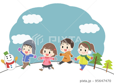 冬景色と走る子供たちのイラスト 線なしのイラスト素材