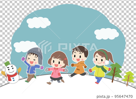 孩子們在冬天的風景中奔跑的插圖沒有線條 95647470