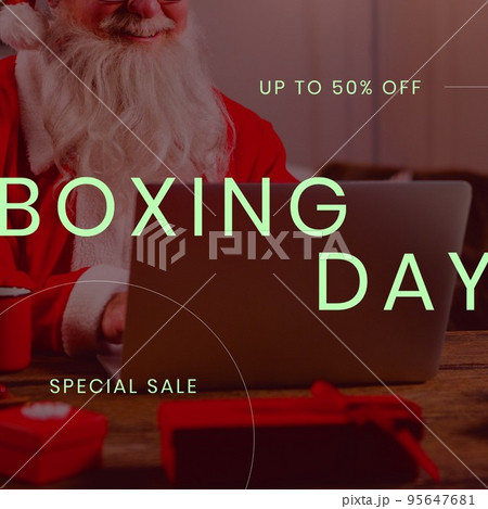 Square image of santa claus holding gift and boxing day up to 50 percent text 95647681