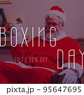 Square image of santa claus holding gift and boxing day up to 50 percent text 95647695