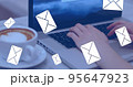 Composite of message icons over cropped hands of caucasian man using laptop by coffee on table 95647923