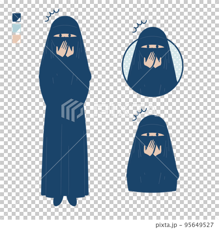 Illustration of a Muslim woman wearing a niqab holding her mouth and being surprised Illustration of a Muslim woman wearing a niqab holding her mouth and being surprised 95649527