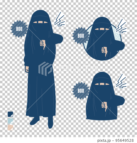 Illustration of a Muslim woman wearing a niqab protesting and booing 95649528