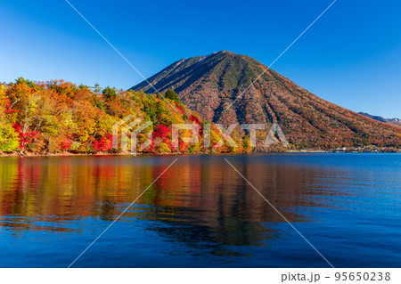 秋の紅葉に染まる日光中禅寺湖から男体山の眺め 秋の紅葉に染まる日光中禅寺湖から男体山の眺め 95650238