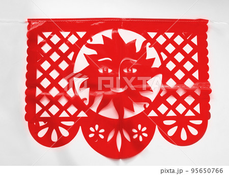 Day of the Dead, Papel Picado with sun, red traditional Mexican paper cutting flag. Isolated on white background. 95650766