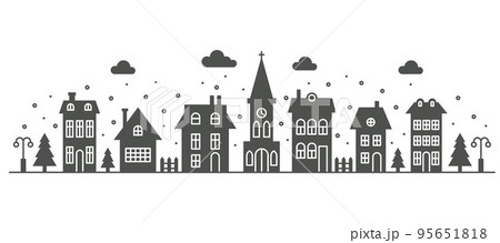 Suburban neighborhood winter landscape. Silhouette of houses and church on the skyline with snowflakes. Countryside cottage homes. Glyph vector illustration. Suburban neighborhood winter landscape. Silhouette of houses and church on the skyline with snowflakes. Countryside cottage homes. Glyph vector illustration. 95651818