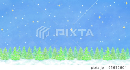 水彩で描いたもみの木の森と星空の風景。冬やクリスマス用の背景素材。 水彩で描いたもみの木の森と星空の風景。冬やクリスマス用の背景素材。 95652604