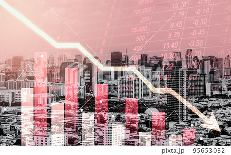 Economic crisis concept graphs falling down with modernistic urban, city area. Economic crisis concept graphs falling down with modernistic urban, city area. 95653032
