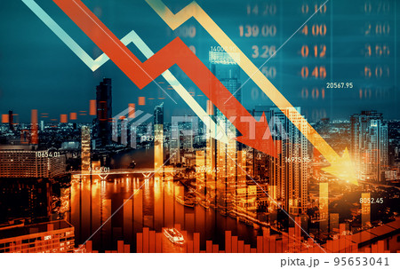 Declining graphs and digital indicators overlap modernistic city background. Declining graphs and digital indicators overlap modernistic city background. 95653041