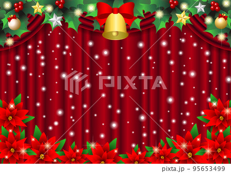 赤い緞帳と雪とポインセチアのクリスマス背景ヨコ 95653499