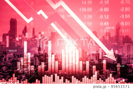 Declined economic, graph falling down overlaps modernistic city. Declined economic, graph falling down overlaps modernistic city. 95653571