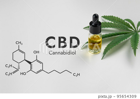 Legalized CBD oil in container with green hemp leaf and biochemistry formula. 95654309