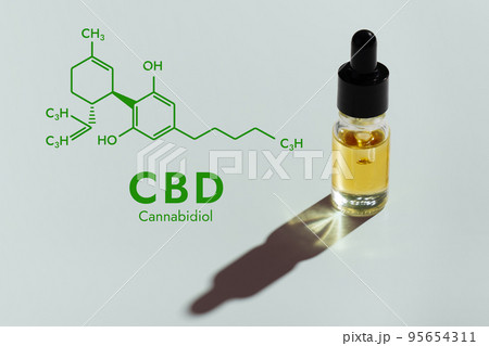 Legalized CBD oil in container with a dropper lid and biochemistry formula. 95654311