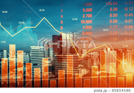 Declining graphs and digital indicators overlap modernistic city background. Declining graphs and digital indicators overlap modernistic city background. 95654590
