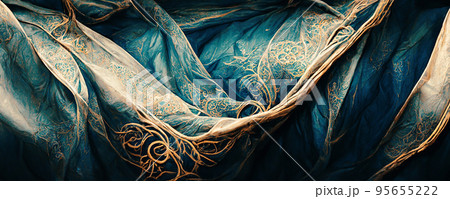 Spectacular pattern of blue and gold silk. Digital art 3D illustration. 95655222