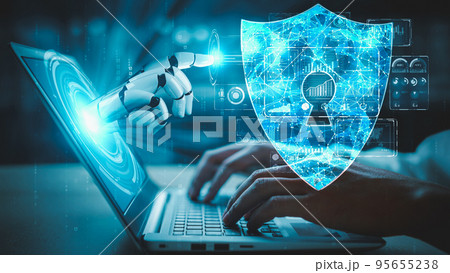 Futuristic robot artificial intelligence enlightening AI technology concept 95655238