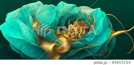 Spectacular abstract teal and gold painting flower. Digital art 3D illustration. 95655254