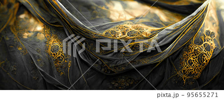 Spectacular pattern of black and gold silk. Digital art 3D illustration. 95655271