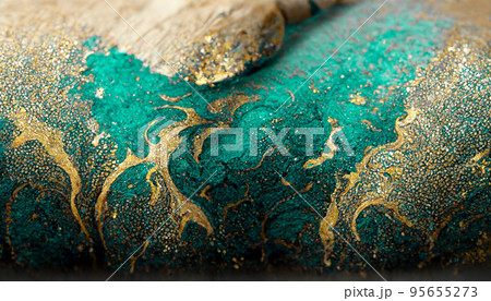 Spectacular dark teal and gold ink swirled around. Digital art 3D illustration. 95655273