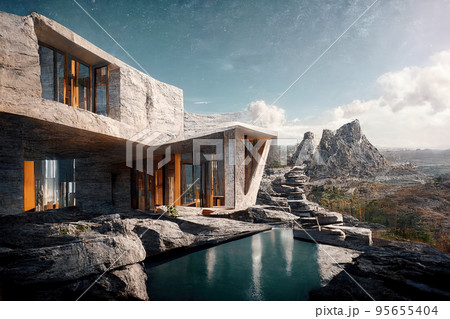 Luxury pool villa spectacular contemporary design 3D illustration digital art 95655404