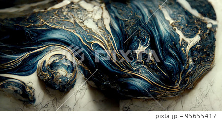 Spectacular dark blue and white ink swirled around. Digital art 3D illustration. 95655417