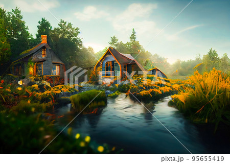 Painting style digital art of spectacular cottage in forest 95655419