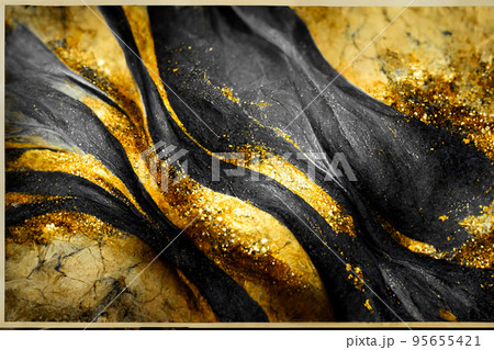 Spectacular dark black and gold ink swirled around. Digital art 3D illustration. 95655421