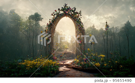 Spectacular archway in fantasy forest. Digital art 3D illustration Spectacular archway in fantasy forest. Digital art 3D illustration 95655490