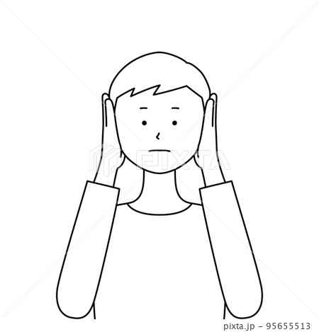 両手で耳をふさいでいる男性のイラスト・聞かざる(白背景・ベクター・線画・切り抜き) 両手で耳をふさいでいる男性のイラスト・聞かざる(白背景・ベクター・線画・切り抜き) 95655513