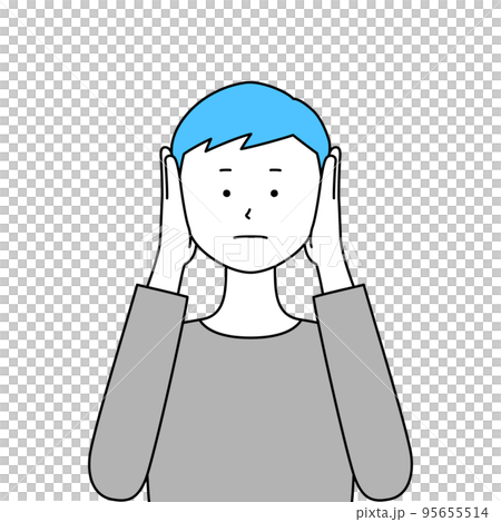 両手で耳をふさいでいる男性のイラスト・聞かざる（白背景・ベクター・切り抜き） 95655514