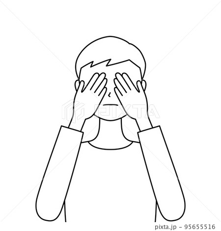 両手で目をふさいでいる男性のイラスト・見ざる(白背景・ベクター・線画・切り抜き) 両手で目をふさいでいる男性のイラスト・見ざる(白背景・ベクター・線画・切り抜き) 95655516