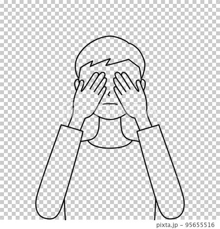 両手で目をふさいでいる男性のイラスト・見ざる(白背景・ベクター・線画・切り抜き) 両手で目をふさいでいる男性のイラスト・見ざる(白背景・ベクター・線画・切り抜き) 95655516