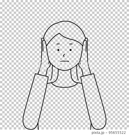 両手で耳をふさいでいる女性のイラスト・聞かざる(白背景・ベクター・線画・切り抜き) 両手で耳をふさいでいる女性のイラスト・聞かざる(白背景・ベクター・線画・切り抜き) 95655522