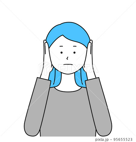 両手で耳をふさいでいる女性のイラスト・聞かざる(白背景・ベクター・切り抜き) 両手で耳をふさいでいる女性のイラスト・聞かざる(白背景・ベクター・切り抜き) 95655523